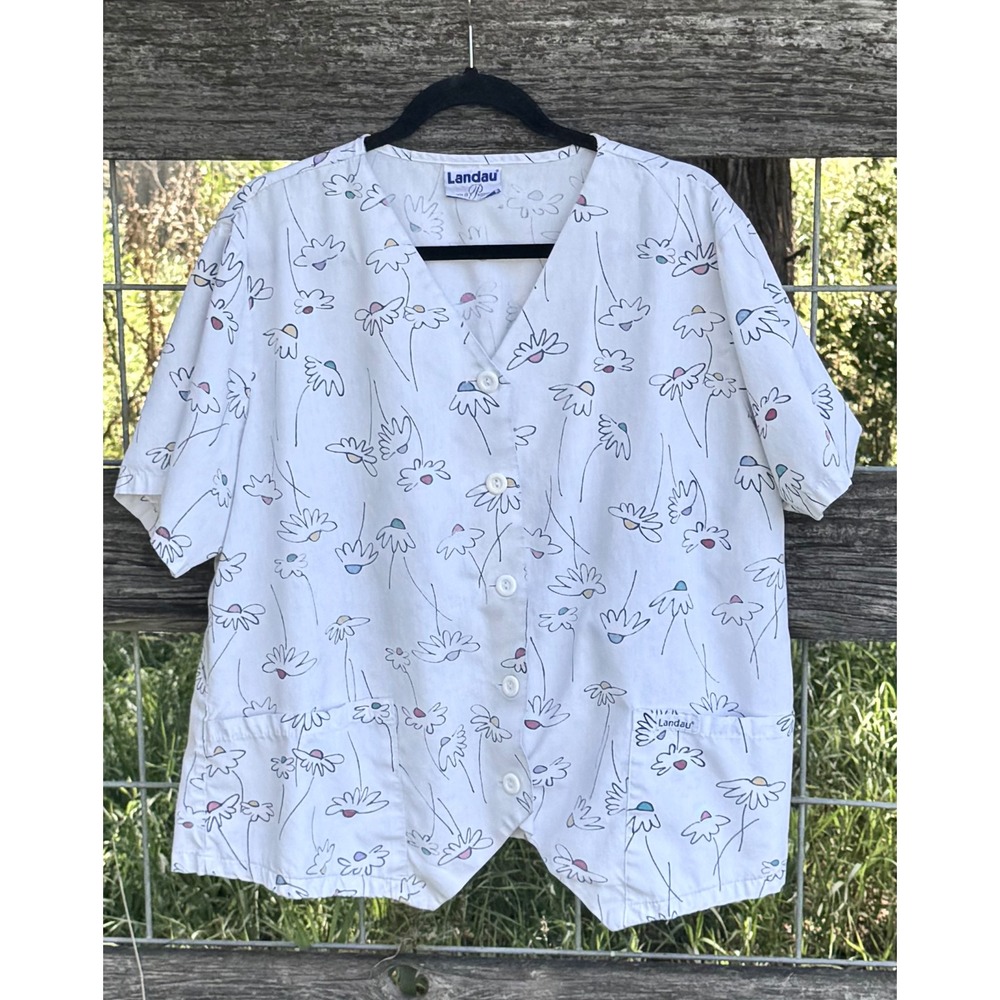 Landau Womens Scrub Top White Daisy Floral Button Front V-Neck Medical Uniform